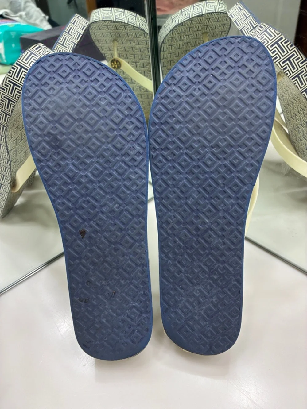 Tory Burch Navy T Platform Flip Flops with Cream Straps Size 10